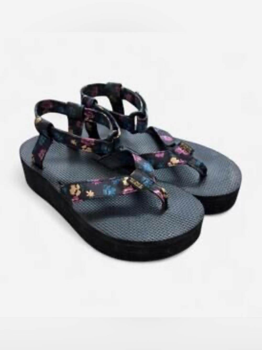 Teva Floral Print Platform Sandals - Black with Purple-Pink Accents